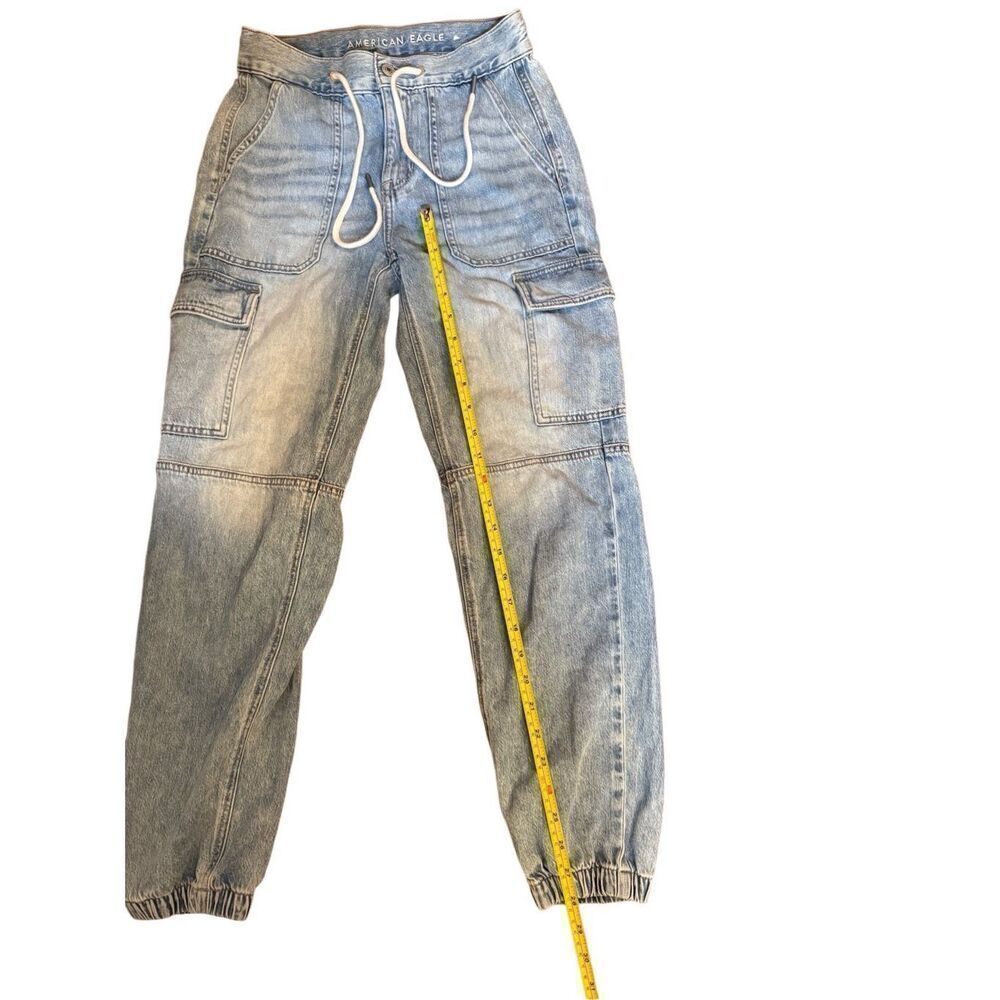 American Eagle Chambray Cargo‎ Jean Joggers Grunge 90s Pants Punk Sz 0 Acid wash - Picture 7 of 10